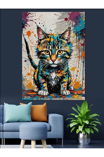 Tablomega Colorful Cat Decorative Canvas - Mdf Wooden Table