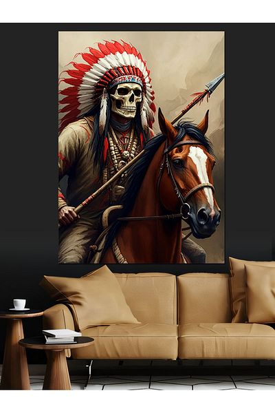 Tablomega Pânză decorativă cu schelet și cal indian - pictură din lemn MDF