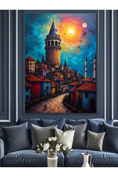 Tablomega Galata Tower and Moon Decorative Canvas - Mdf Wooden Painting