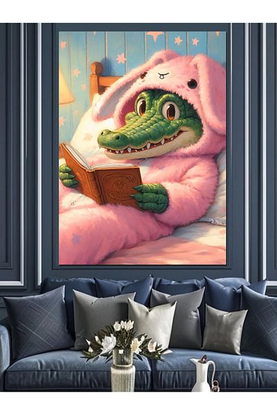 Tablomega Reading a Book with Crocodile Pajamas Decorative Canvas - Mdf Wooden Painting