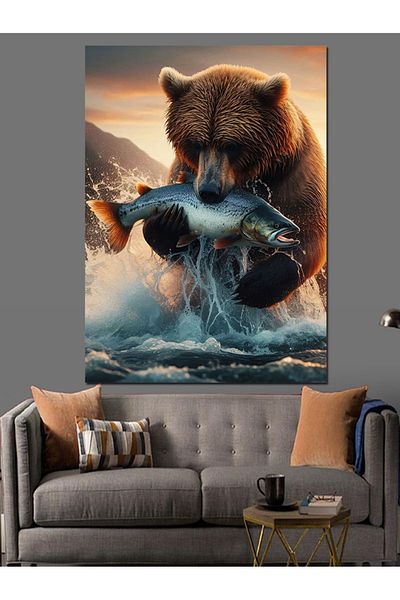 Tablomega Bear Catching Fish Decorative Canvas - Mdf Wooden Painting