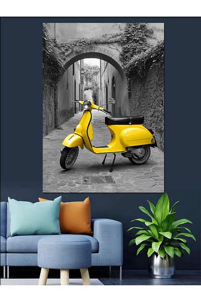 Tablomega Yellow Vespa Decorative Canvas in Narrow Street - Mdf Wooden Painting