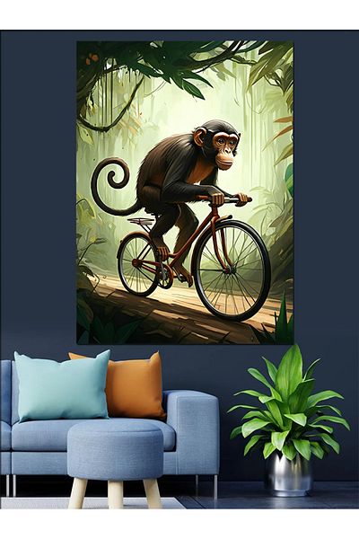Tablomega Pânză decorativă Maimuță care conduce bicicletă - Lemn MDF