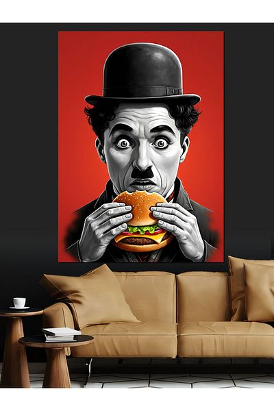 Tablomega Chaplin and Hamburger Decorative Canvas - Mdf Wooden Painting