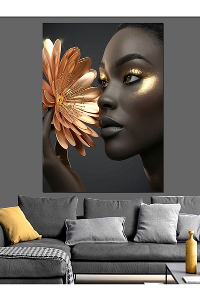Tablomega Golden Flower and Women Decorative Canvas - Mdf Wooden Painting