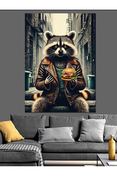Tablomega Raccoon Eating Hamburger Decorative Canvas - Mdf Wooden Table