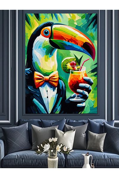 Tablomega Toucan Drinking Cocktail Decorative Canvas - Mdf Wooden Table