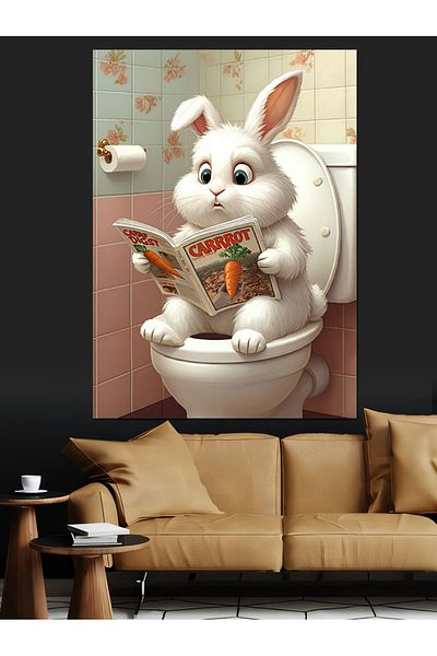 Tablomega Rabbit in the Toilet Decorative Canvas - Mdf Wooden Painting