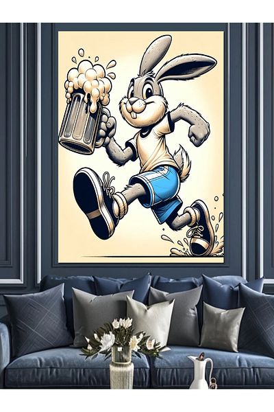 Tablomega Beer Drinking Rabbit Decorative Canvas - Mdf Wooden Painting