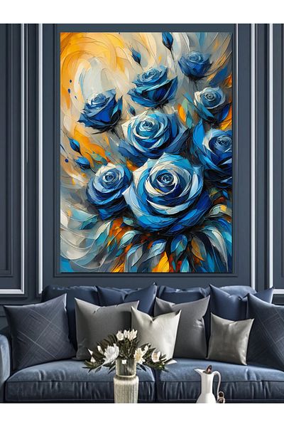 Tablomega Blue Roses Flower Decorative Canvas - Mdf Wooden Painting