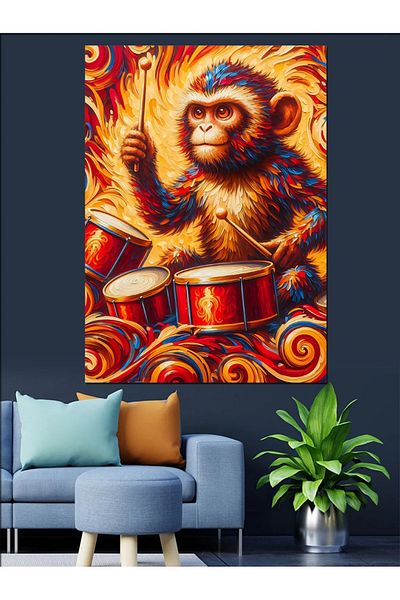 Tablomega Drummer Monkey in Flames Decorative Canvas - Mdf Wooden Painting