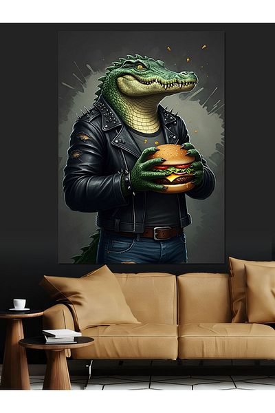 Tablomega Crocodile Holding a Burger Decorative Canvas - Mdf Wooden Painting