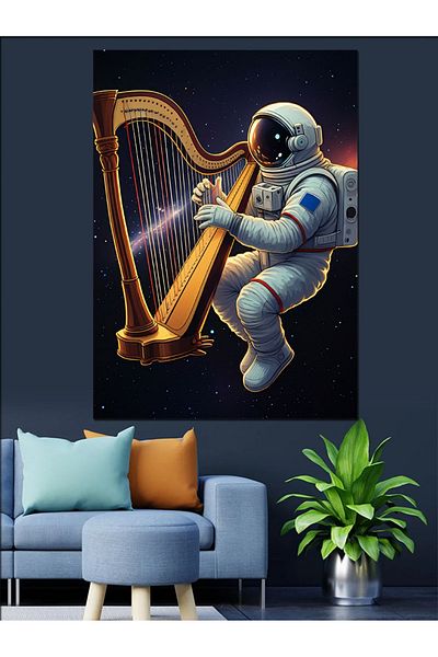 Tablomega Astronaut Playing the Harp in Space Decorative Canvas - Mdf Wooden Painting