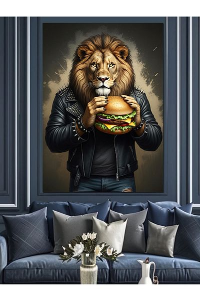 Tablomega Lion in Leather Jacket, Decorative Canvas with Hamburger - Mdf Wooden Painting