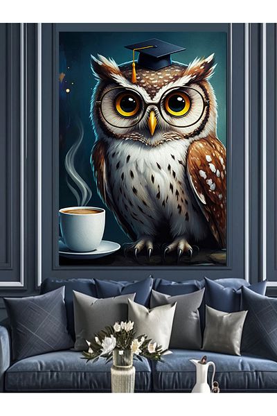 Tablomega Coffee Drinking Owl Decorative Canvas - Mdf Wooden Painting