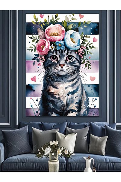 Tablomega Floral Cat Portrait Decorative Canvas - Mdf Wooden Painting