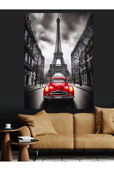 Tablomega Turnul Eiffel și mașină roșie pânză decorativă - pictură din lemn MDF