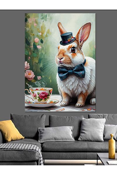 Tablomega Rabbit Drinking Tea Decorative Canvas - Mdf Wooden Painting