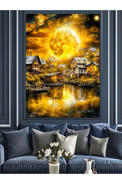 Tablomega Village Landscape in Moonlight Decorative Canvas - Mdf Wooden Painting