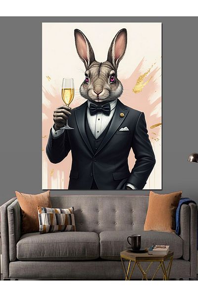 Tablomega Rabbit Holding a Glass Decorative Canvas - Mdf Wooden Painting