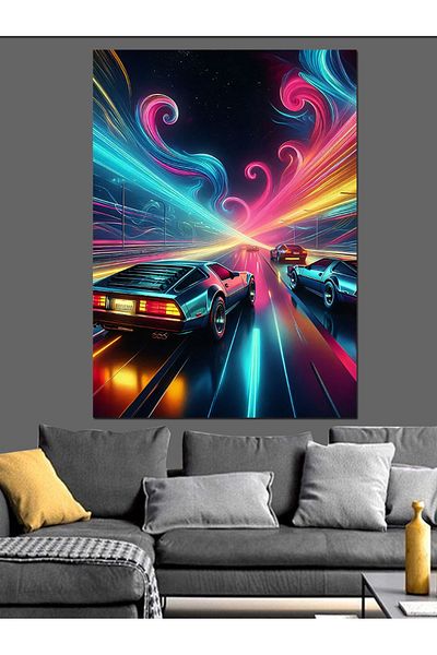 Tablomega Race Cars with Neon Lights Decorative Canvas - Mdf Wooden Painting