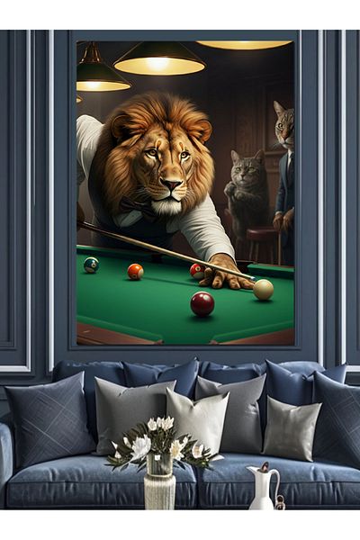 Tablomega Lion Playing Billiards Decorative Canvas - Mdf Wooden Painting