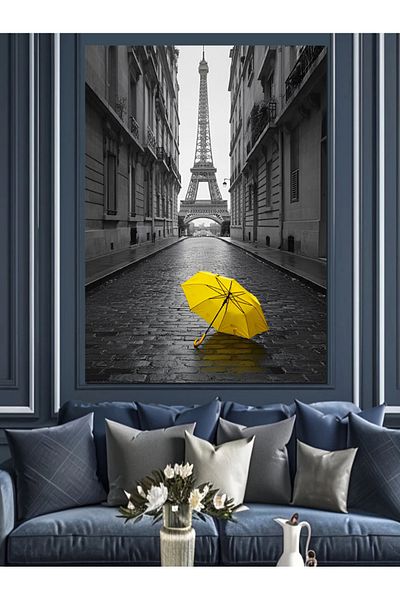 Tablomega Yellow Umbrella and Eiffel Decorative Canvas - Mdf Wooden Painting