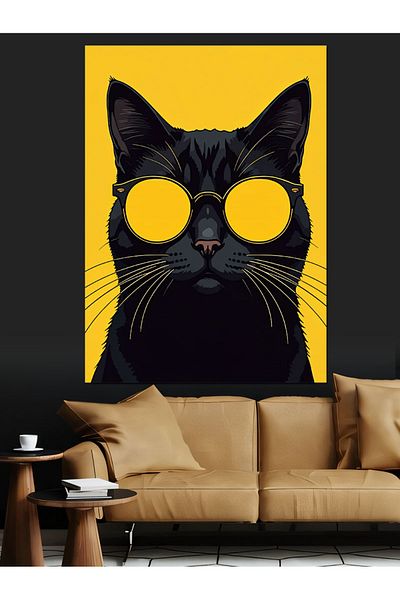Tablomega Black Cat with Glasses Decorative Canvas - Mdf Wooden Painting