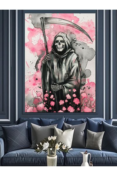 Tablomega Pink Flowers and Grim Reaper Decorative Canvas - Mdf Wooden Painting