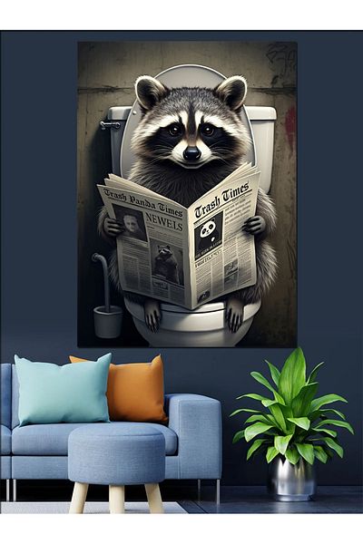 Tablomega Raccoon Reading Newspaper Decorative Canvas - Mdf Wooden Painting