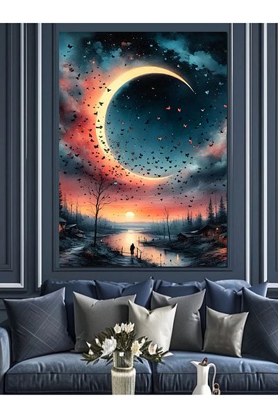 Tablomega Moon and Star Landscape Decorative Canvas - Mdf Wooden Painting