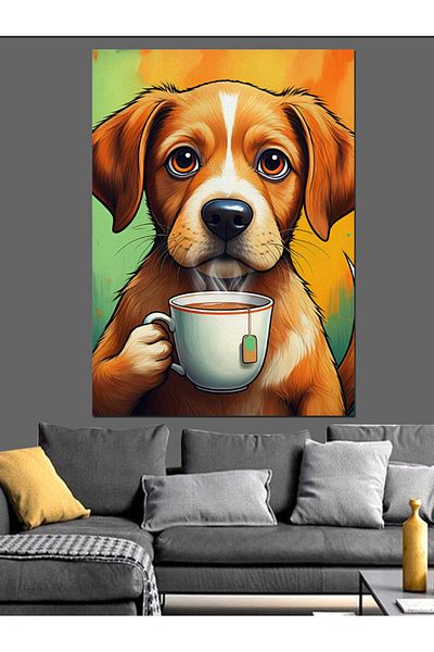 Tablomega Dog Drinking Coffee Decorative Canvas - Mdf Wooden Painting