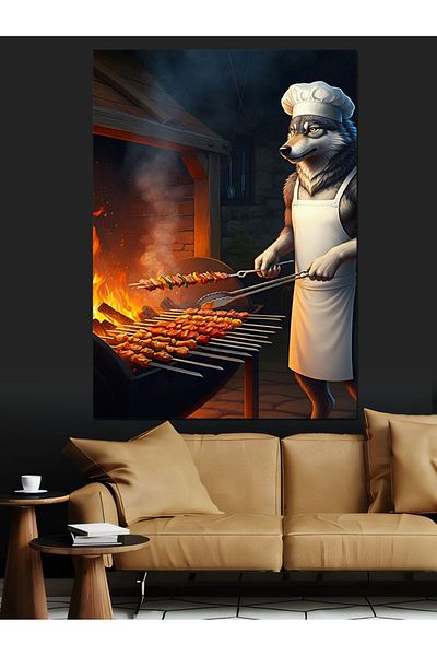 Tablomega Cooking on the Brazier Wolf Decorative Canvas - Mdf Wooden Painting