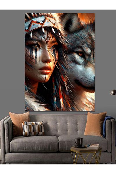 Tablomega Wolf and Native American Girl Decorative Canvas - Mdf Wooden Painting