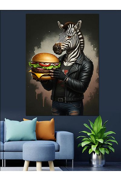 Tablomega Zebra Holding a Hamburger Decorative Canvas - Mdf Wooden Table