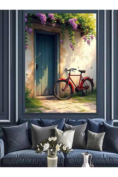 Tablomega Blue Door and Bicycle Decorative Canvas - Mdf Wooden Painting