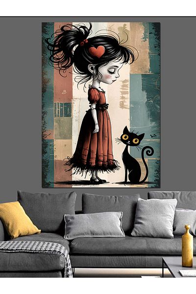 Tablomega Sad Girl and Cat Decorative Canvas - Mdf Wooden Painting