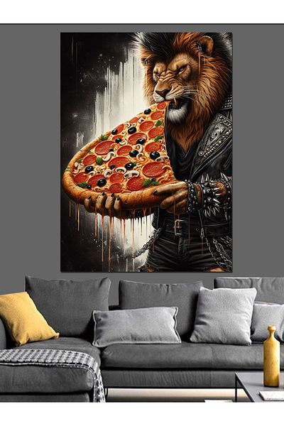 Tablomega Lion Eating Pizza Decorative Canvas - Mdf Wooden Table