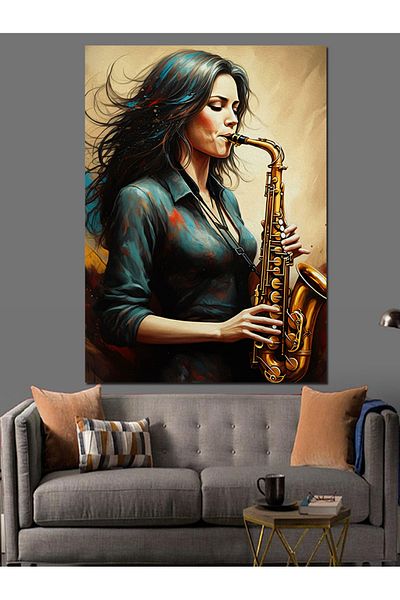 Tablomega Woman Playing Saxophone Decorative Canvas - Mdf Wooden Painting