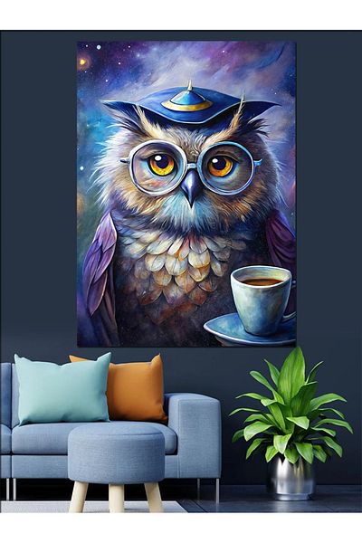 Tablomega Coffee Drinking Wise Owl Decorative Canvas - Mdf Wooden Painting