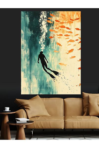 Tablomega Diver and Fishes Decorative Canvas - Mdf Wooden Painting