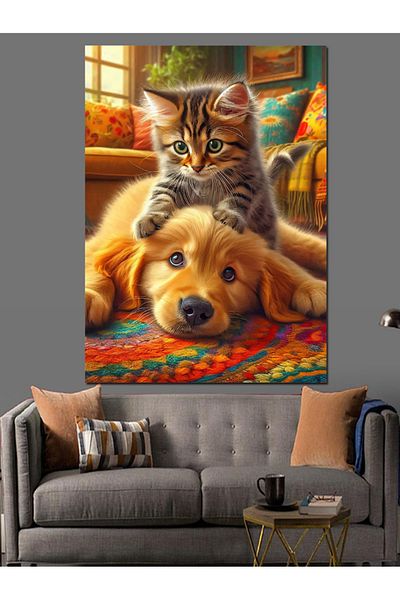 Tablomega Cats and Dog Decorative Canvas - Mdf Wooden Painting