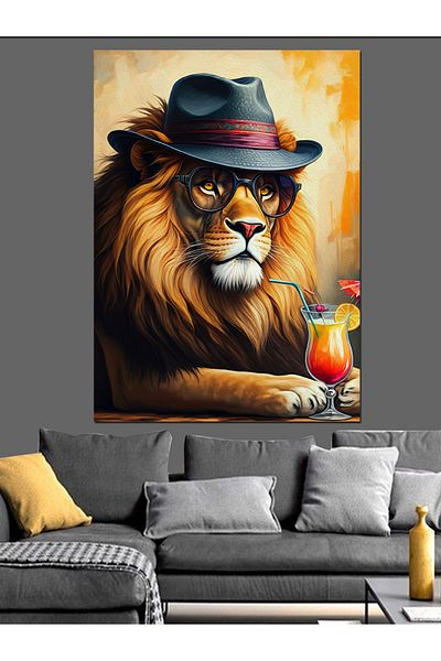 Tablomega Lion with Hat and Drink Decorative Canvas - Mdf Wooden Painting