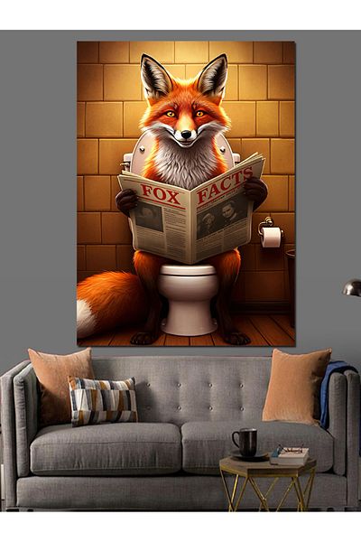 Tablomega Fox Reading Newspaper in the Toilet Decorative Canvas - Mdf Wooden Painting