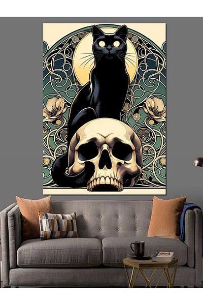 Tablomega Cat and Skull Decorative Canvas - Mdf Wooden Painting