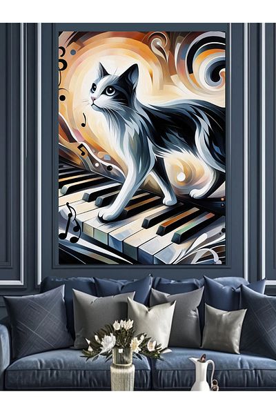 Tablomega Cat on the Piano Decorative Canvas - Mdf Wooden Painting
