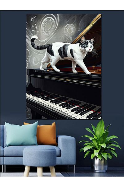 Tablomega Cat on Piano Decorative Canvas - Mdf Wooden Painting