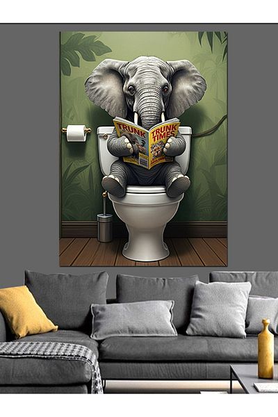 Tablomega Elephant Reading Newspaper in the Toilet Decorative Canvas - Mdf Wooden Painting