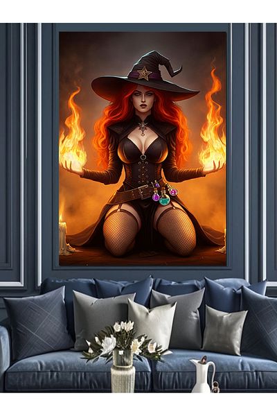 Tablomega Flaming Witch Woman Decorative Canvas - Mdf Wooden Painting
