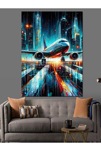 Tablomega Night Plane Decorative Canvas - Mdf Wooden Painting
